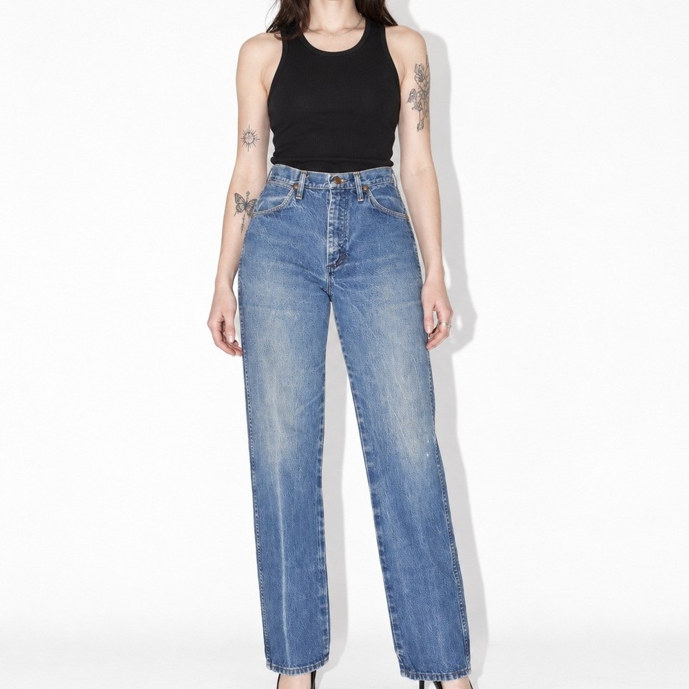 70s Vintage Dark Stone Wash Wranglers Women 2 Straight Leg Distressed Jeans Boho